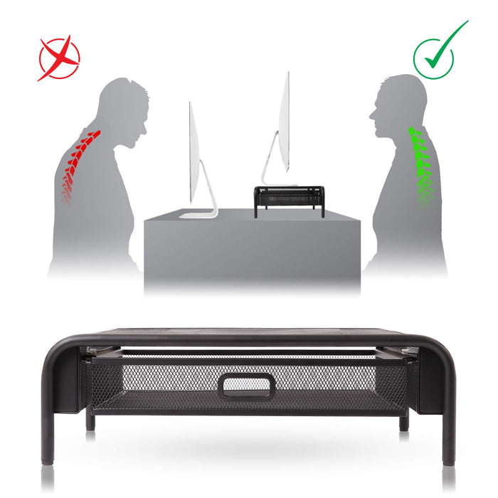 Zoomgoods Monitor Stand Riser with Drawer DM072 | Laptop and Screen Platform for Desktop | Metal Support for PC Computer Monitor | Ergonomic Office Desk Shelf | 10kg Capacity | Black | 33x26cm