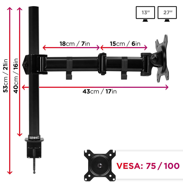 Zoomgoods Single Monitor Arm DM251X3 Height Adjustable Monitor Stand Riser Clamp for 13-27” PC screens Monitor Desk Mounts with VESA 75/100 Monitor Mount with 8kg capacity Monitor Stand for Desk Gaming