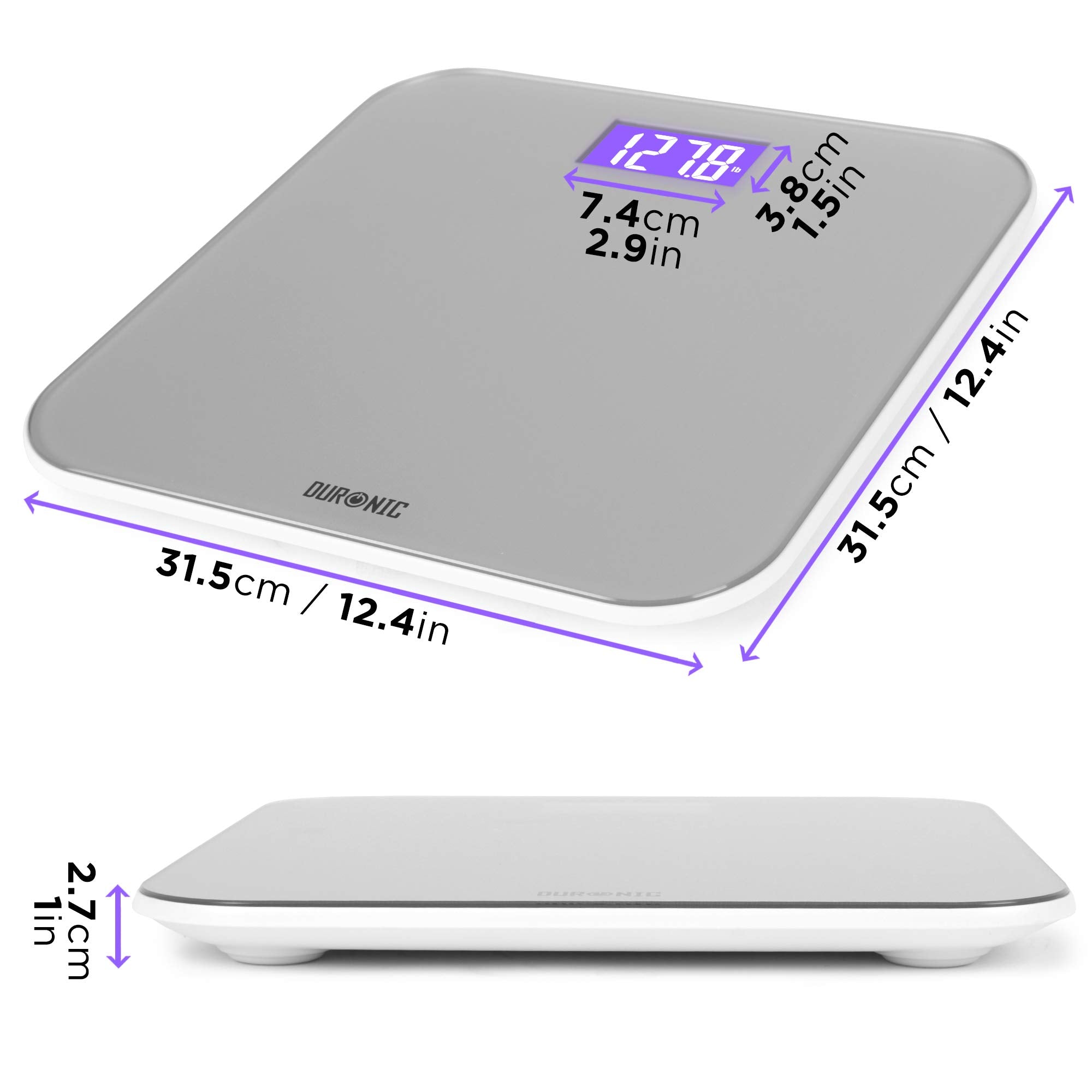 Zoomgoods Digital Bathroom Body Scales BS603 | Measures Body Weight in Kilograms, Pounds and Stones | Silver Glass Design with Purple Backlight | Step-On Activation | Precision Sensors | 180kg Capacity
