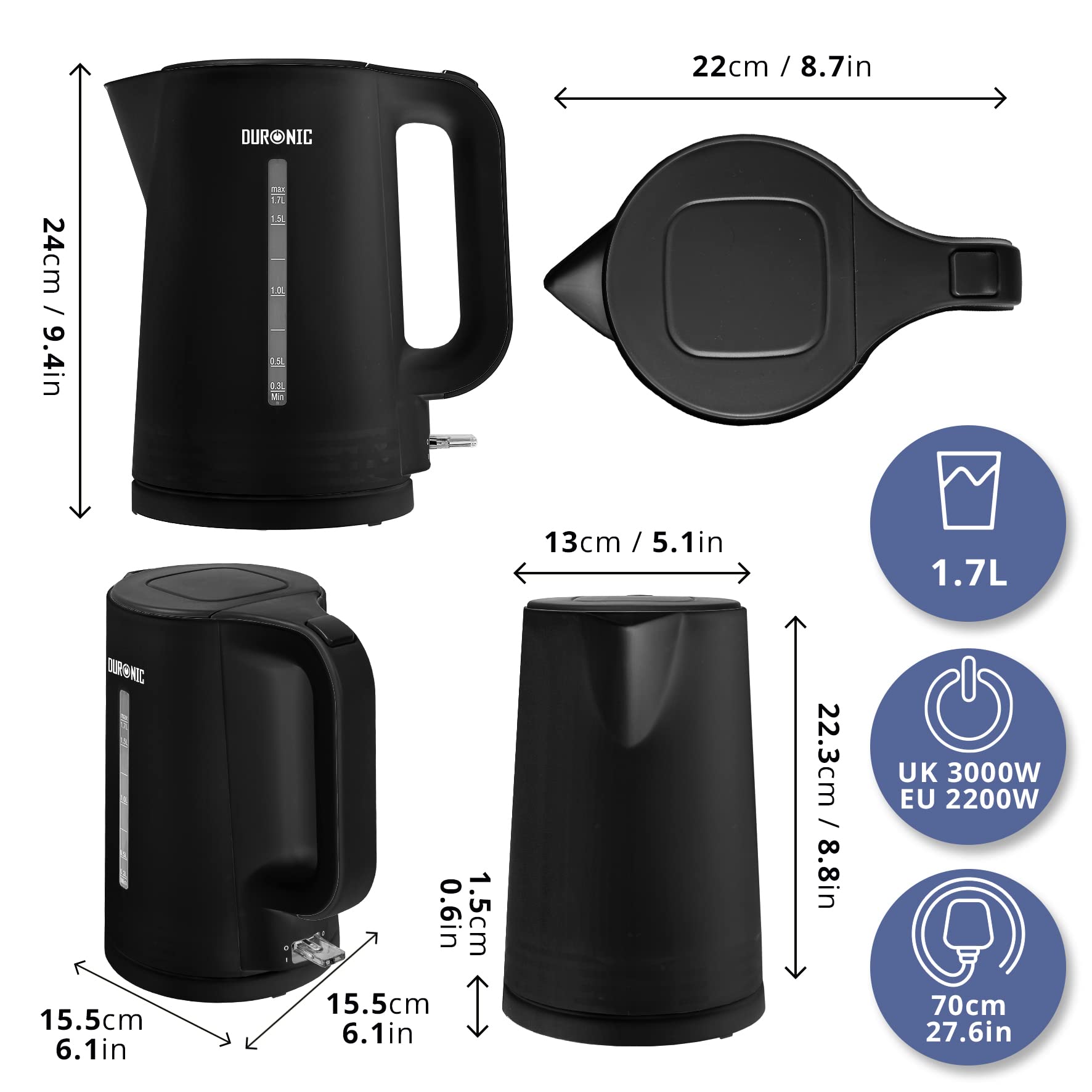 Zoomgoods Electric Kettle EK17BK Cordless Kettles Hot Water Boiler Electrical Heating with Fast Boil Dry Protection Quiet Electronic Kitchen Kettle for Boiling Water Tea Coffee Hot Chocolate Soup - Black