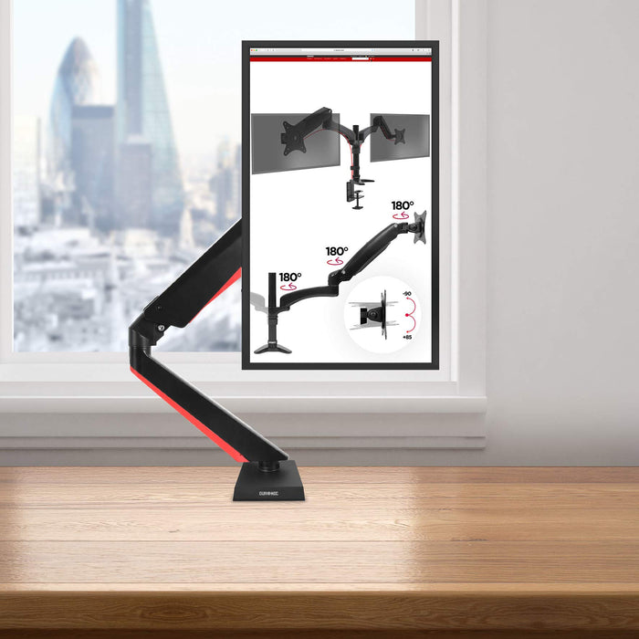 Zoomgoods Monitor Arm Stand DMGM5X1 | Single PC Desk Mount with Red LED Lights | Height Adjustable | For One 15-32 Inch Screen | VESA 75/100 | 8kg Capacity | Tilt +90°/-85°, Swivel 360°,Rotate 360°
