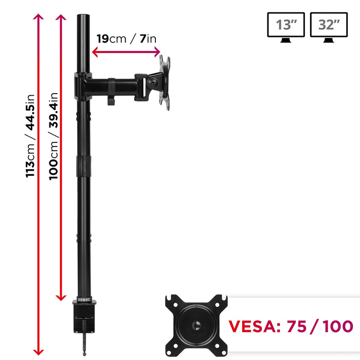 Zoomgoods Single Monitor Arm DMT251X2 Height Adjustable PC Monitor Stand with 100cm Pole C Clamp Monitor Riser for 13-27” Screens Desk Mount with VESA 75/100 with 8kg Capacity for Home Office Work