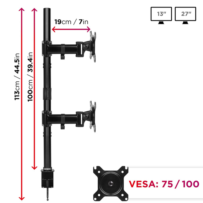 Zoomgoods Dual Monitor Arms DMT252VX1 Height Adjustable PC Monitor Stand with 100cm Pole C Clamp Monitor Risers for 13-27” Screens Desk Mounts with 8kg Capacity and VESA 75/100 for Home Office Work