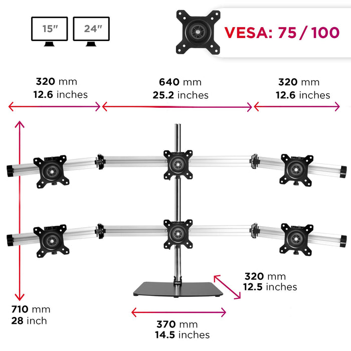 Zoomgoods Computer Monitor Arms Stand DM756 Sextuple Freestanding PC Multi Arms Desk Mount Stands for VESA 75/100 Six 15-24 Inch LED LCD Screens 8kg Capacity Mounts, Tilt -15°/+15°, Rotate 360° - Black