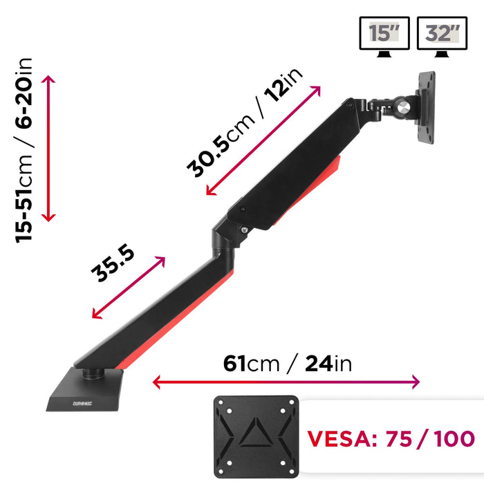 Zoomgoods Monitor Arm Stand DMGM5X1 | Single PC Desk Mount with Red LED Lights | Height Adjustable | For One 15-32 Inch Screen | VESA 75/100 | 8kg Capacity | Tilt +90°/-85°, Swivel 360°,Rotate 360°