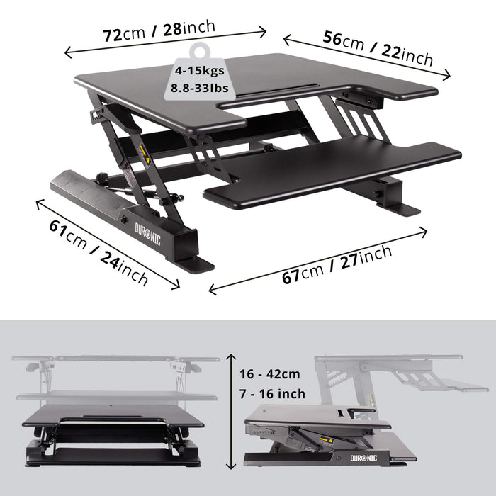 Zoomgoods Sit-Stand Desk DM05D19 | Height Adjustable Office Workstation | 72x56cm Platform | Raises from 16-42cm | Riser for PC Computer Screen, Keyboard, Laptop | Ergonomic Desktop Table Converter