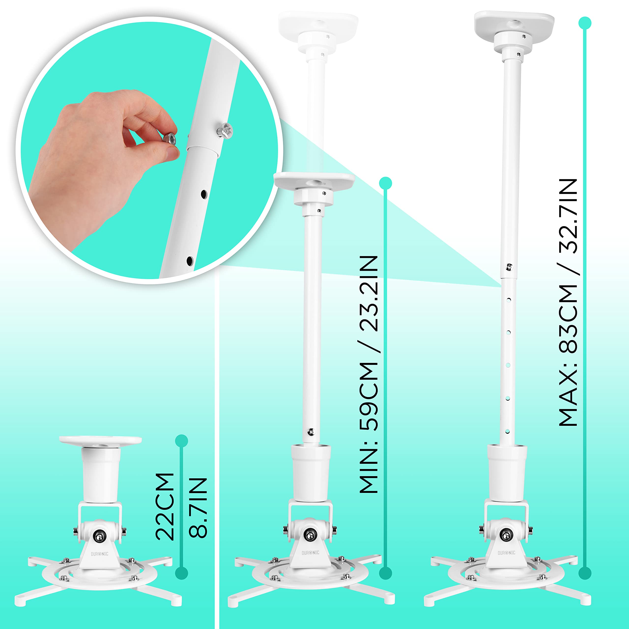 Zoomgoods Projector Mount PB08XL | Extra Long Bracket Fixing for Ceiling | 10kg Capacity | Universal | Heavy Duty | Fittings Included | Rotate 360°, Swivel 180°, Tilt 180° for Easy Projection Set-up