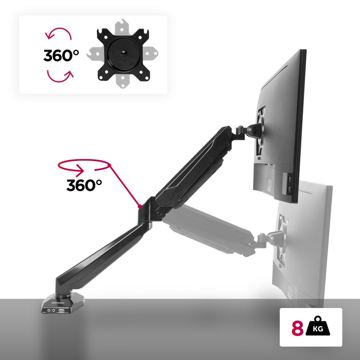 Zoomgoods Monitor Arm Stand DMUSB5X1 | Single PC Desk Mount | Headphone, USB, Microphone Extension Sockets | 13-27” LED LCD Screen | VESA 75/100 | Full Motion (Tilt -90°/+85°, Swivel 180°, Rotate 360°)
