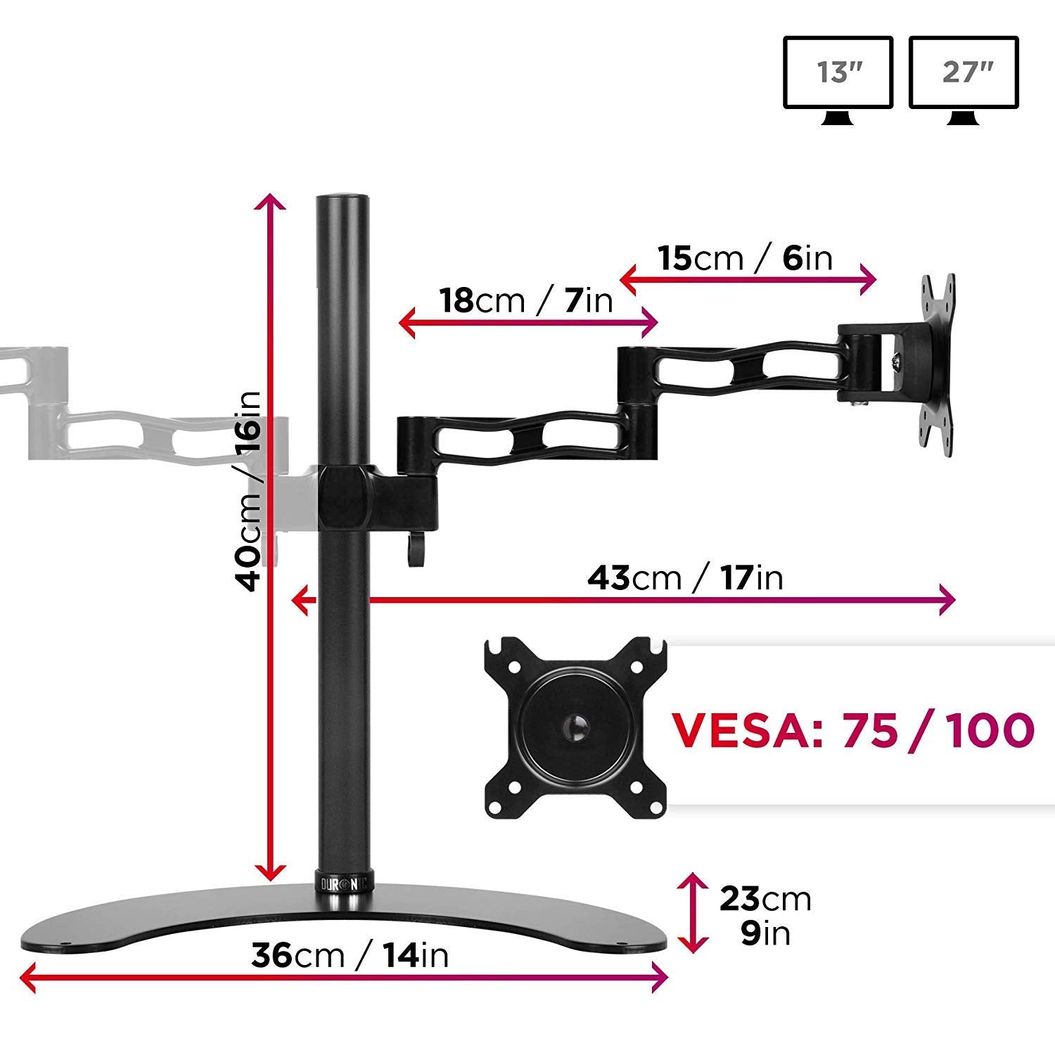 Zoomgoods Dual Monitor Stand DM35D2 Double Monitor Arm Twin Riser Two Mount for 13-27” Computer Screen 2 Height Adjustable Clamp Stands for PC Gaming Work Desk, Home & Office Studio, VESA 75 100