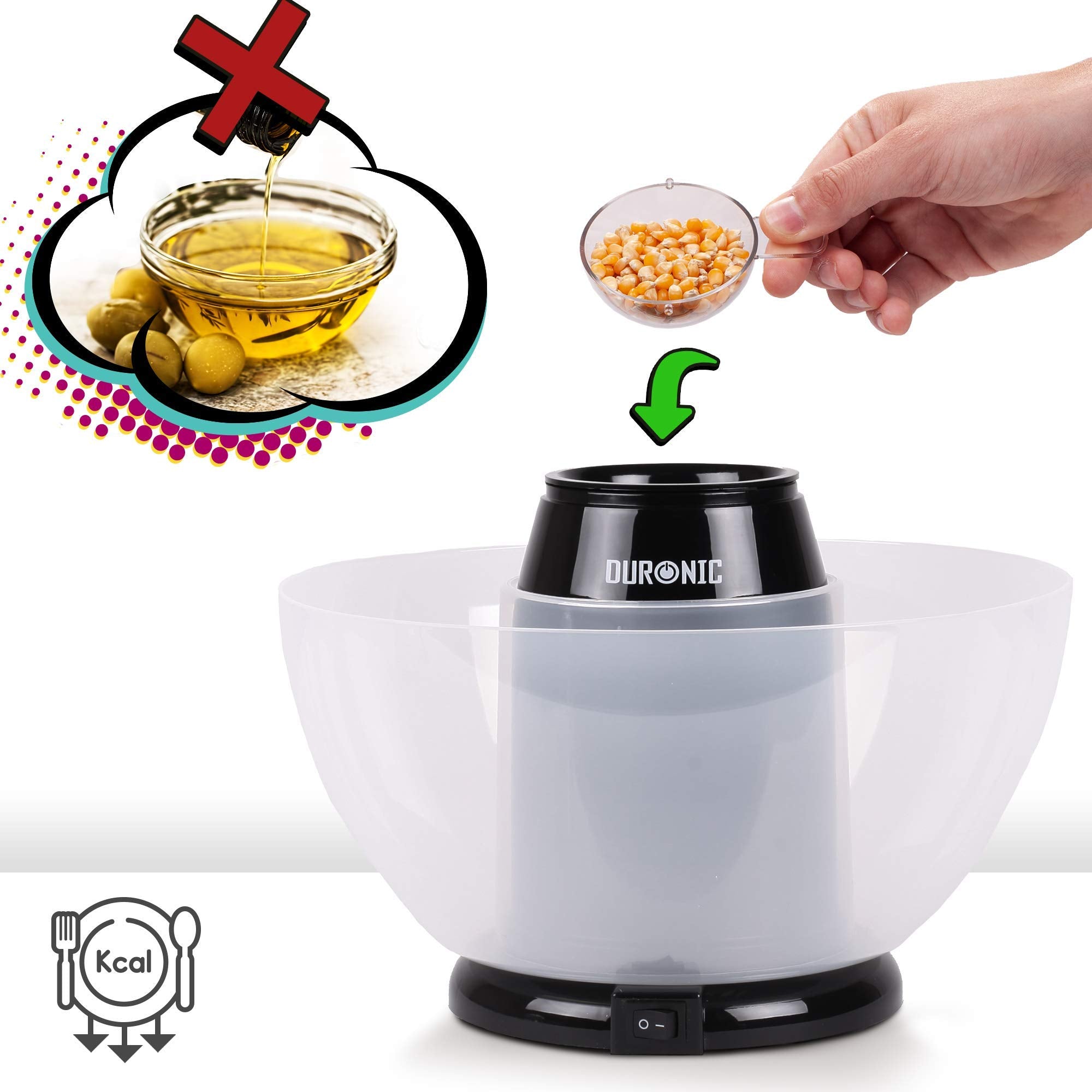 Zoomgoods Popcorn Maker POP50 /BK [BLACK]| Hot Air Corn Popper | Make Homemade Healthy Oil-Free Popcorn | Low Calorie Snacking | Comes with Measuring Cup and Serving Bowl | 1200W