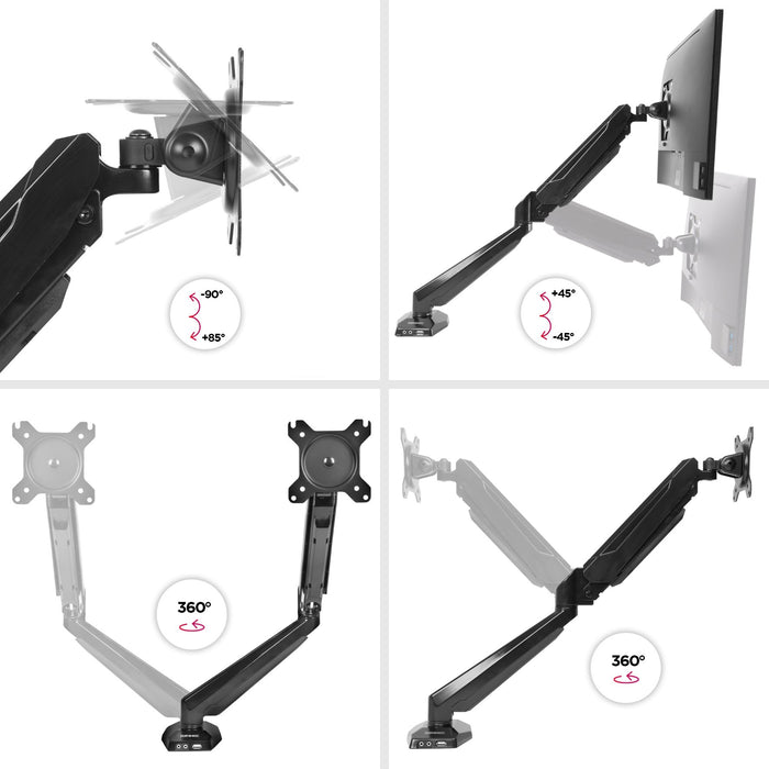 Zoomgoods Monitor Arm Stand DMUSB5X1 | Single PC Desk Mount | Headphone, USB, Microphone Extension Sockets | 13-27” LED LCD Screen | VESA 75/100 | Full Motion (Tilt -90°/+85°, Swivel 180°, Rotate 360°)