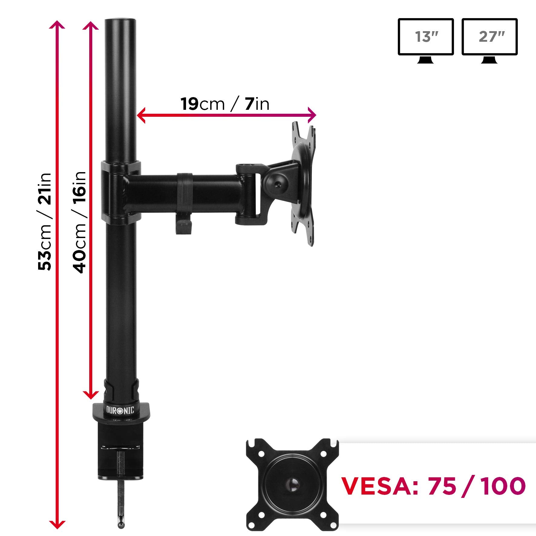 Zoomgoods Single Monitor Arm DM251X2 Height Adjustable Monitor Stand Riser Clamp for 13-27” Screen Monitor Desk Mounts with VESA 75 100 for Home Office