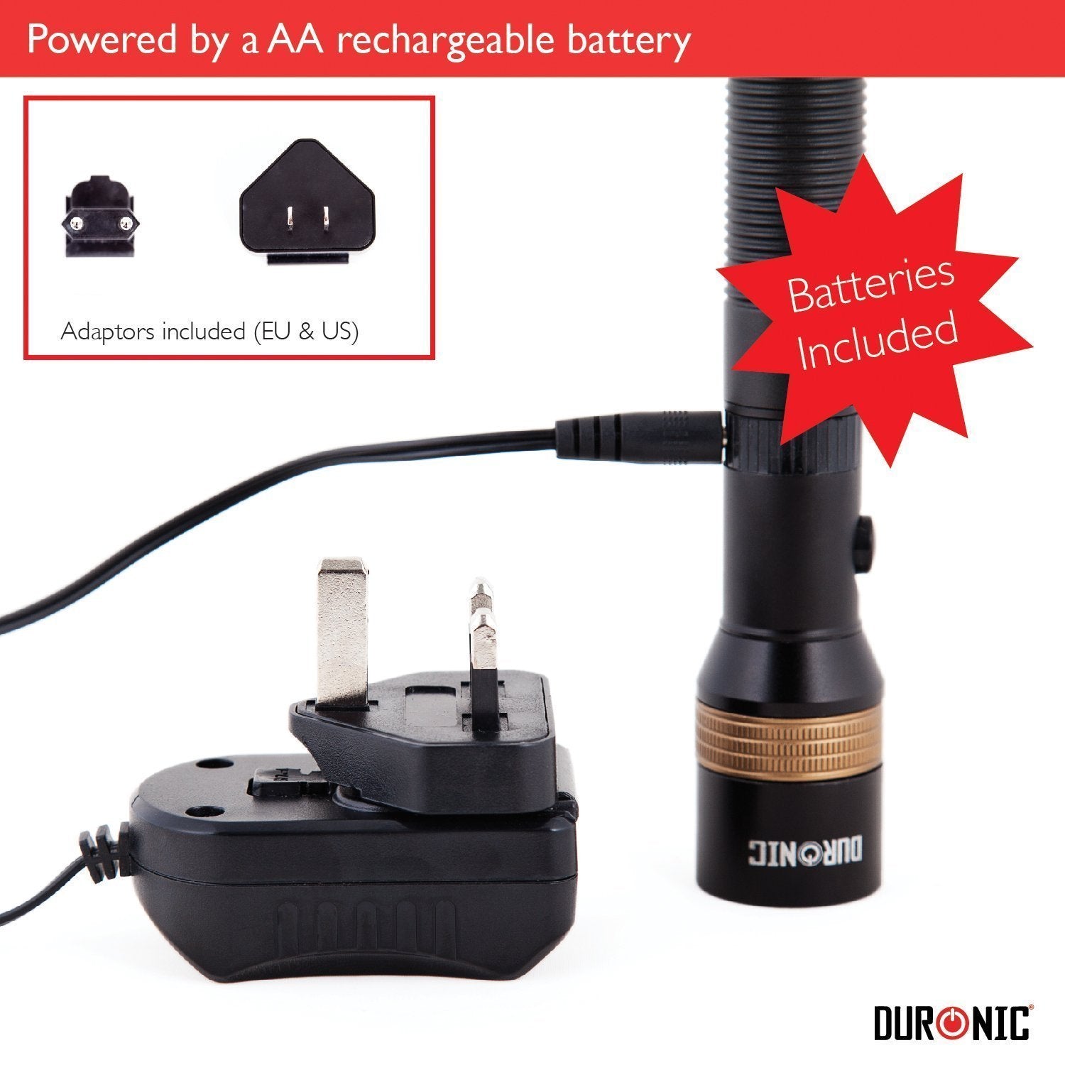 Zoomgoods Rechargeable Torch Flashlight LED Super Bright Light Powerful RFL901AA 600 Metres - 2200mAh battery - Adjustable beam with Mains Charger