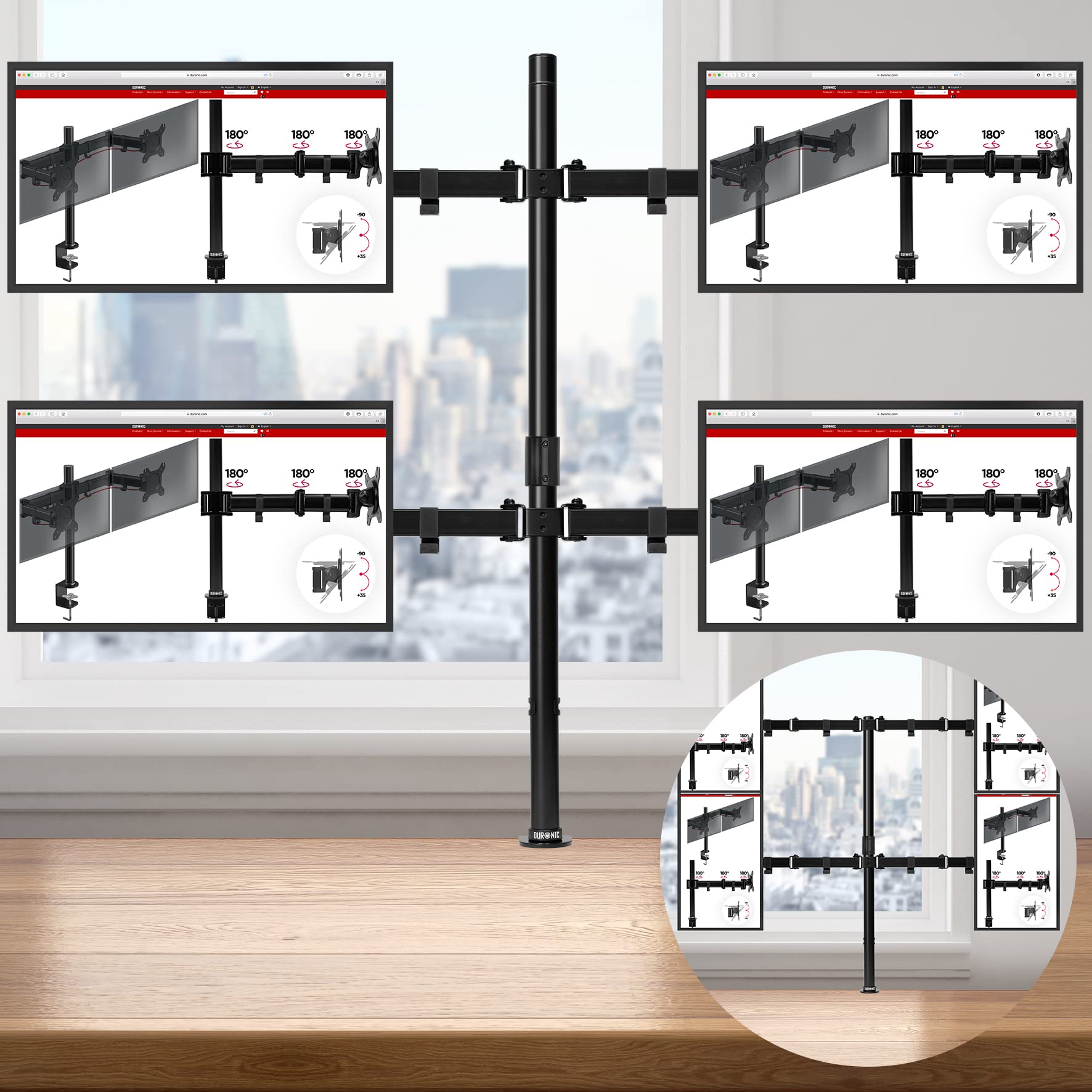 Zoomgoods Computer Monitor Arms DMT154, Four Screen Monitor Mount with 100cm Pole, Quad Display Mount for 4 PC Screens 13-27” Adjustable Monitor Mount with VESA 75 100 for Home Office Work Desk