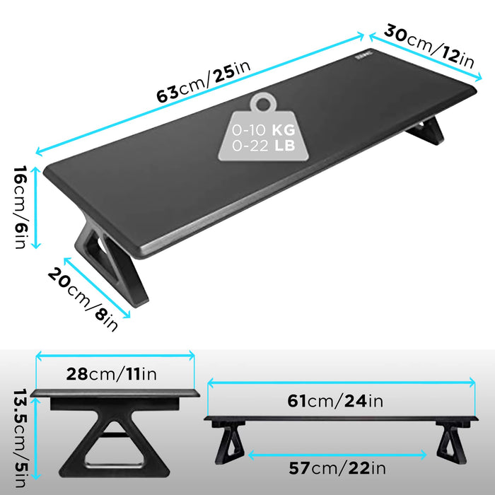 Zoomgoods Monitor Stand Riser DM06-1 | Laptop and Screen Stand for Desktop | Black MDF | Support for a TV Screen or PC Computer Monitor | Ergonomic Office Desk Shelf | 10kg Capacity | 63cm x 30cm