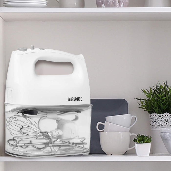 Zoomgoods Hand Mixer Electric Whisk HM4 WE Kitchen Handheld Hand Held Food Mixers for Baking, Dough, Bread, Eggs, Cake Mix, Cream, Brownie Maker Mixer with Whisker Hooks Beater Storage Case 400W - White