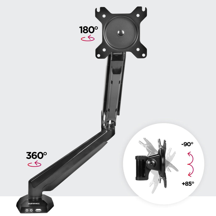 Zoomgoods Monitor Arm Stand DMUSB5X1 | Single PC Desk Mount | Headphone, USB, Microphone Extension Sockets | 13-27” LED LCD Screen | VESA 75/100 | Full Motion (Tilt -90°/+85°, Swivel 180°, Rotate 360°)