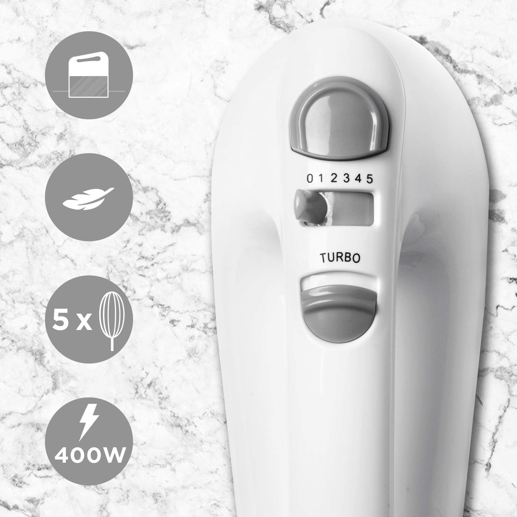 Zoomgoods Hand Mixer Electric Whisk HM4 WE Kitchen Handheld Hand Held Food Mixers for Baking, Dough, Bread, Eggs, Cake Mix, Cream, Brownie Maker Mixer with Whisker Hooks Beater Storage Case 400W - White