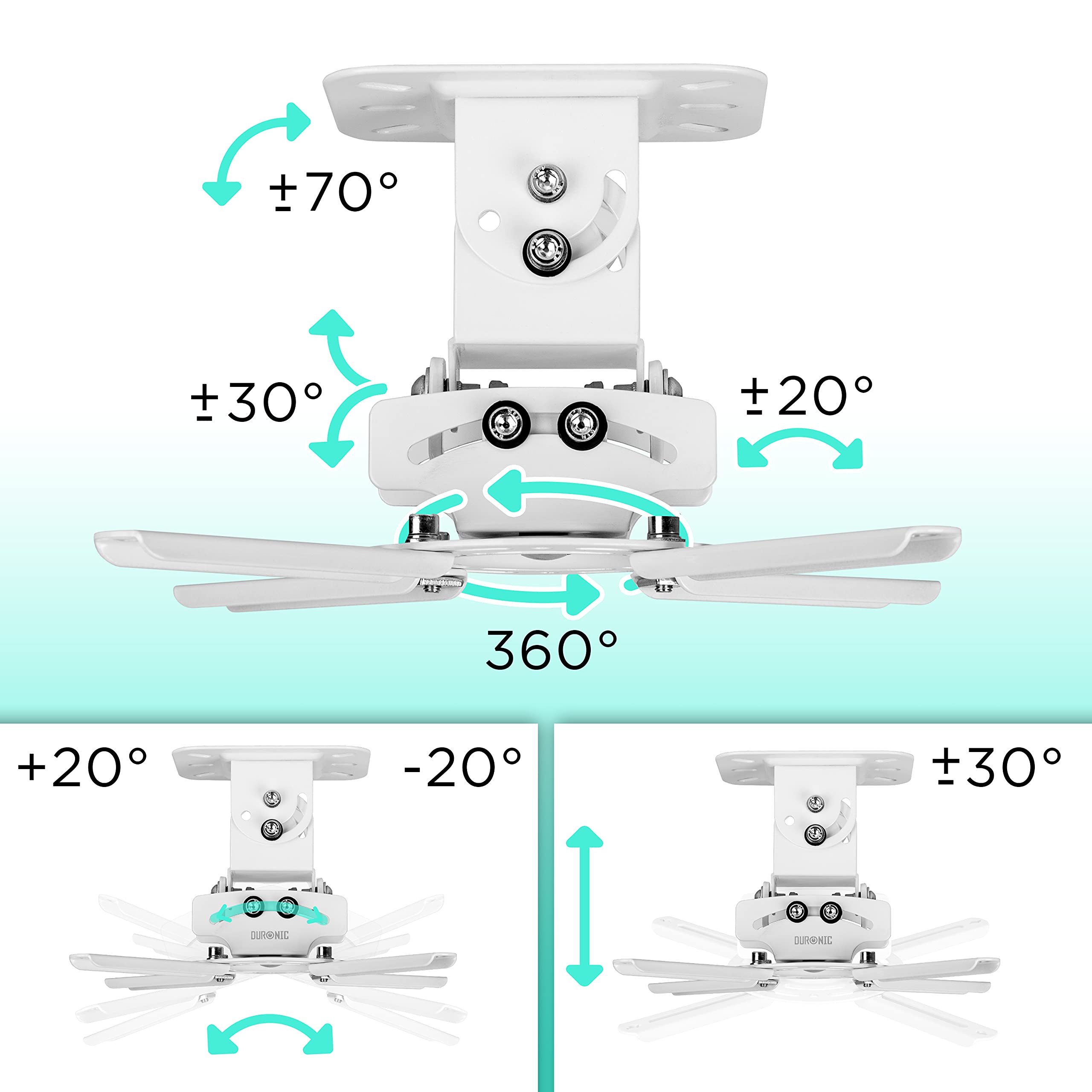 Zoomgoods Projector Mount Stand for Ceiling or Wall Bracket PB05XB | 13.6kg Capacity | Universal Heavy Duty Adjustable Clamp | Tilt Swivel Rotate | White