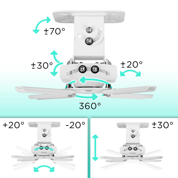 Zoomgoods Projector Mount Stand for Ceiling or Wall Bracket PB05XB | 13.6kg Capacity | Universal Heavy Duty Adjustable Clamp | Tilt Swivel Rotate | White