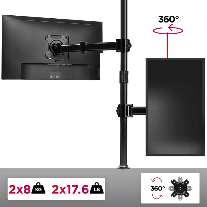 Zoomgoods Dual Monitor Arms DMT252VX2 Height Adjustable PC Monitor Stand with 100cm Pole C Clamp Monitor Risers for 13-27” Screens Desk Mounts with 8kg Capacity and VESA 75/100 for Home Office Work