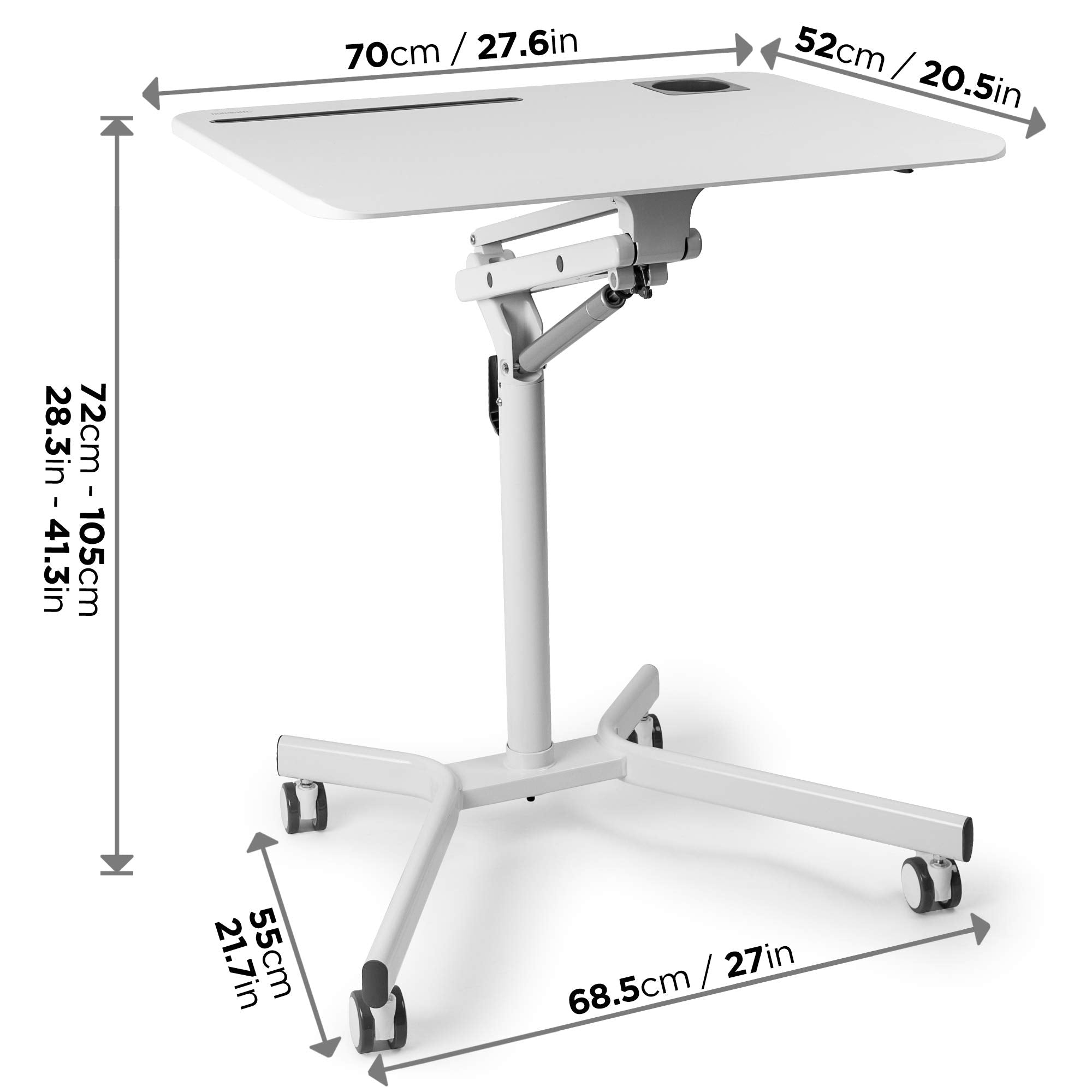 Zoomgoods Sit-Stand Desk WPS57 | WHITE Ergonomic Desk with Tablet Support & Cup Holder | Multi-Use Table on Wheels | 70x52cm Platform | Adjustable Height & Reach | 10kg Capacity | For Home/Office…