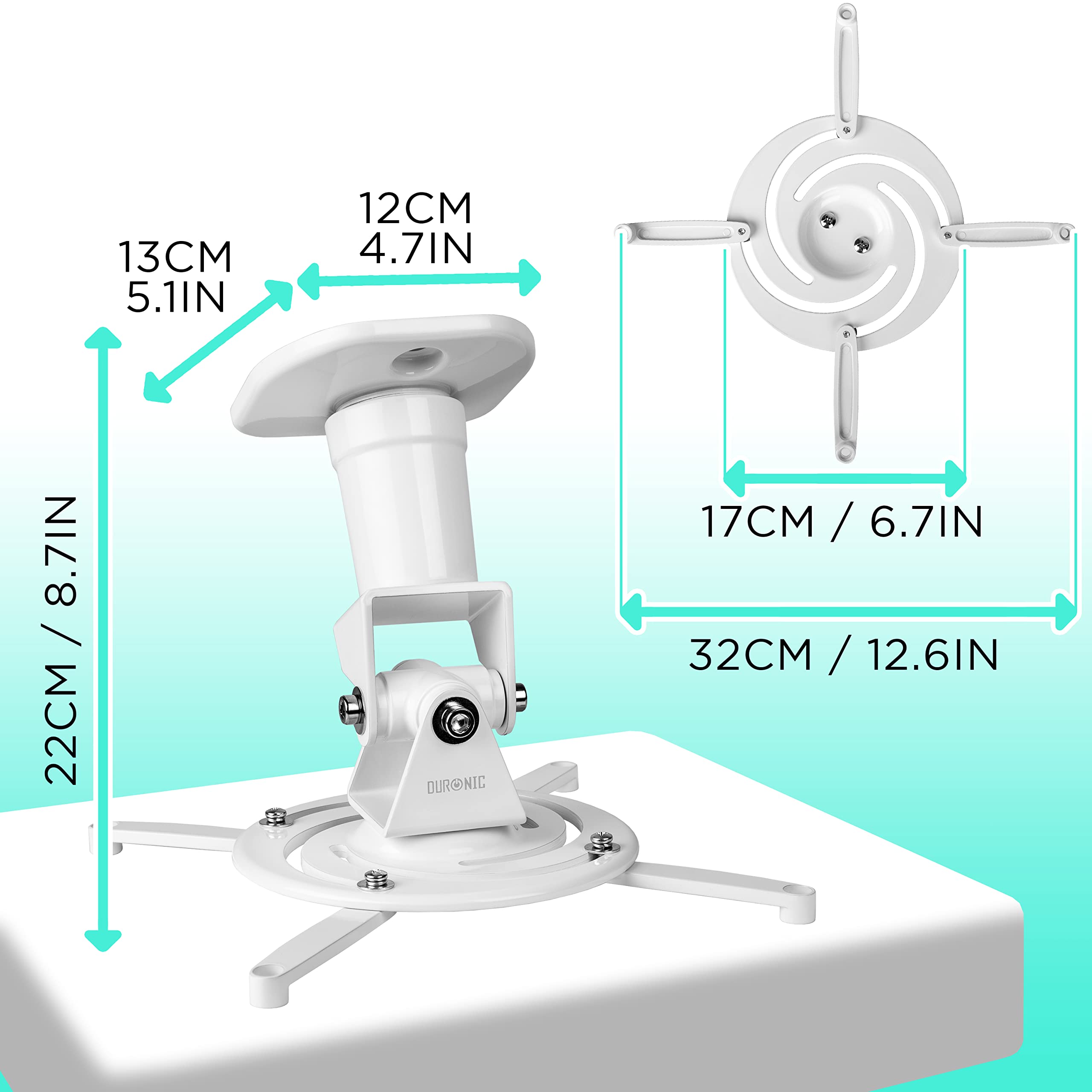 Zoomgoods Projector Mount PB07XB | Bracket Fixing for Ceiling | 10kg Capacity | Universal | Heavy Duty | Fittings Included | Rotate 360 °, Swivel 180 °, Tilt 180° for Easy Projection Set-up