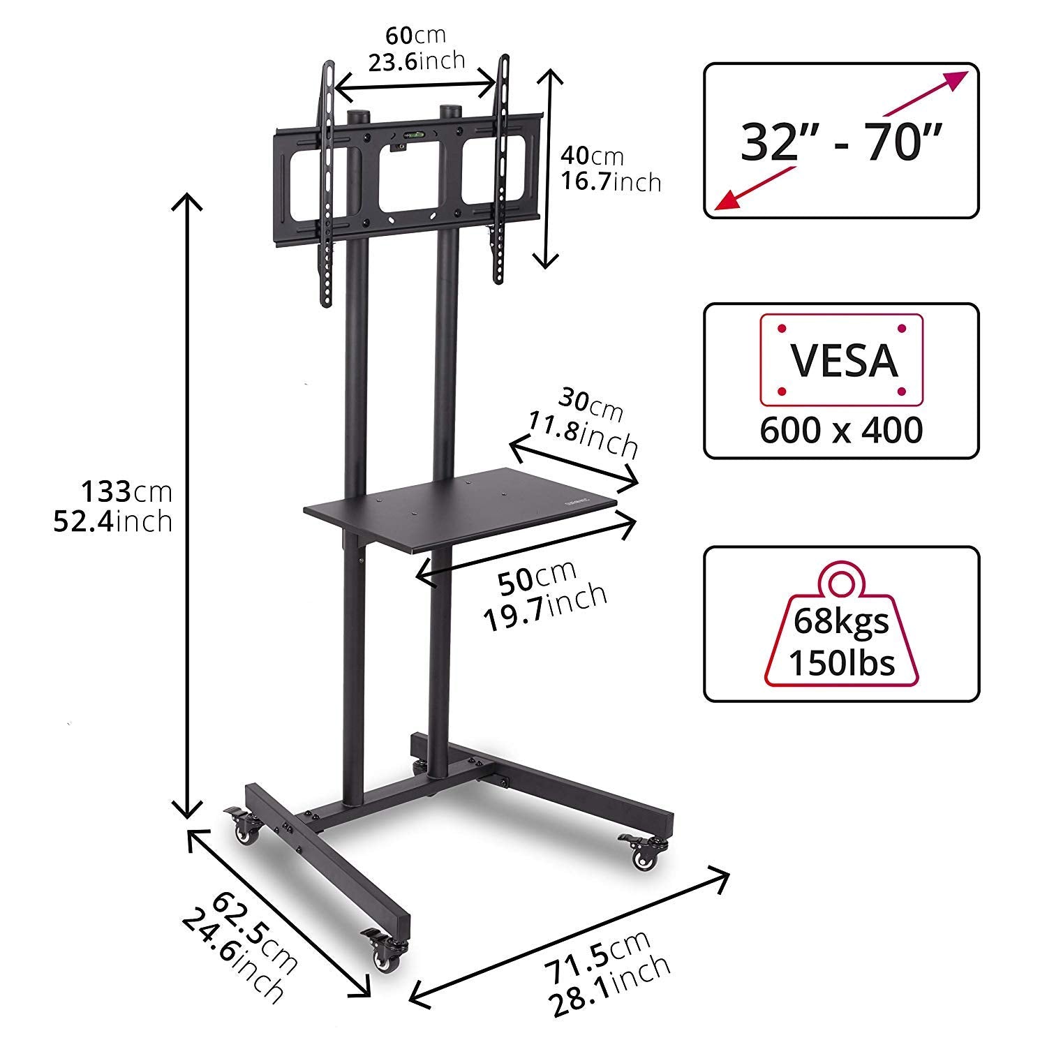 Zoomgoods Mobile TV Stand on Wheels TVS5T1, Trolley Mount with Shelf Heavy duty for 32-70 Inch Flat Screen Television LCD LED OLED QLED, VESA Up to 600x400, Max. 68kg / 150lbs Capacity