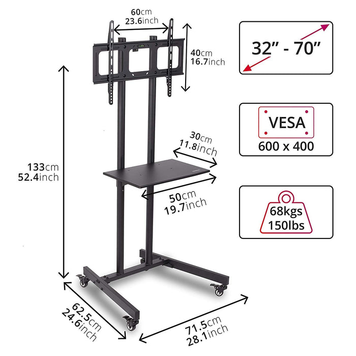 Zoomgoods Mobile TV Stand on Wheels TVS5T1, Trolley Mount with Shelf Heavy duty for 32-70 Inch Flat Screen Television LCD LED OLED QLED, VESA Up to 600x400, Max. 68kg / 150lbs Capacity