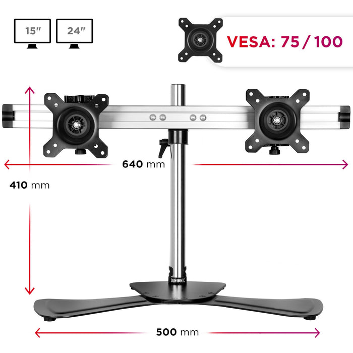 Zoomgoods Computer Monitor Arms Stand DM752 Dual Freestanding PC Multi Arm Desk Mount Height Adjustable Stands for VESA 75/100 Two 15-24 Inch LED LCD Screens 8kg Capacity Mounts Tilt -15/+15 Rotate 360 - Black