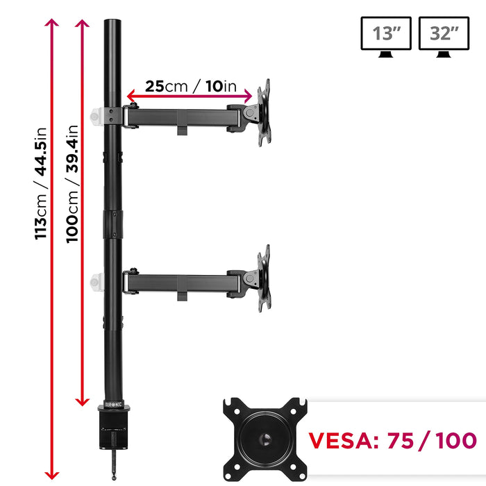 Zoomgoods Dual Monitor Stand DMT152VX1, Dual Monitor Arm Desk Mount for two 13-27” PC Screens, Height Adjustable Monitor Mounts with 100cm Pole & VESA 75 100, Monitor Riser for Home Office Work Desk