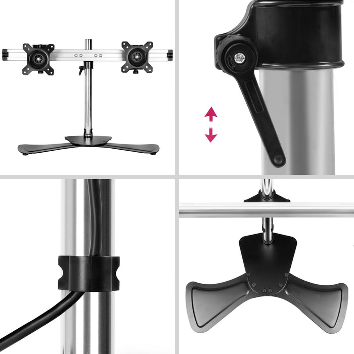 Zoomgoods Computer Monitor Arms Stand DM752 Dual Freestanding PC Multi Arm Desk Mount Height Adjustable Stands for VESA 75/100 Two 15-24 Inch LED LCD Screens 8kg Capacity Mounts Tilt -15/+15 Rotate 360 - Black