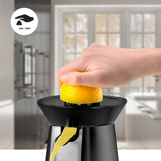 Zoomgoods Citrus Juicer JE6 BK | Electric Juice Extractor | Powerful 100W | Black and Stainless-Steel | 2 Cone Sizes | Dripless Spout | Squeezes and Presses Different Sized Fruits: Oranges, Lemons...