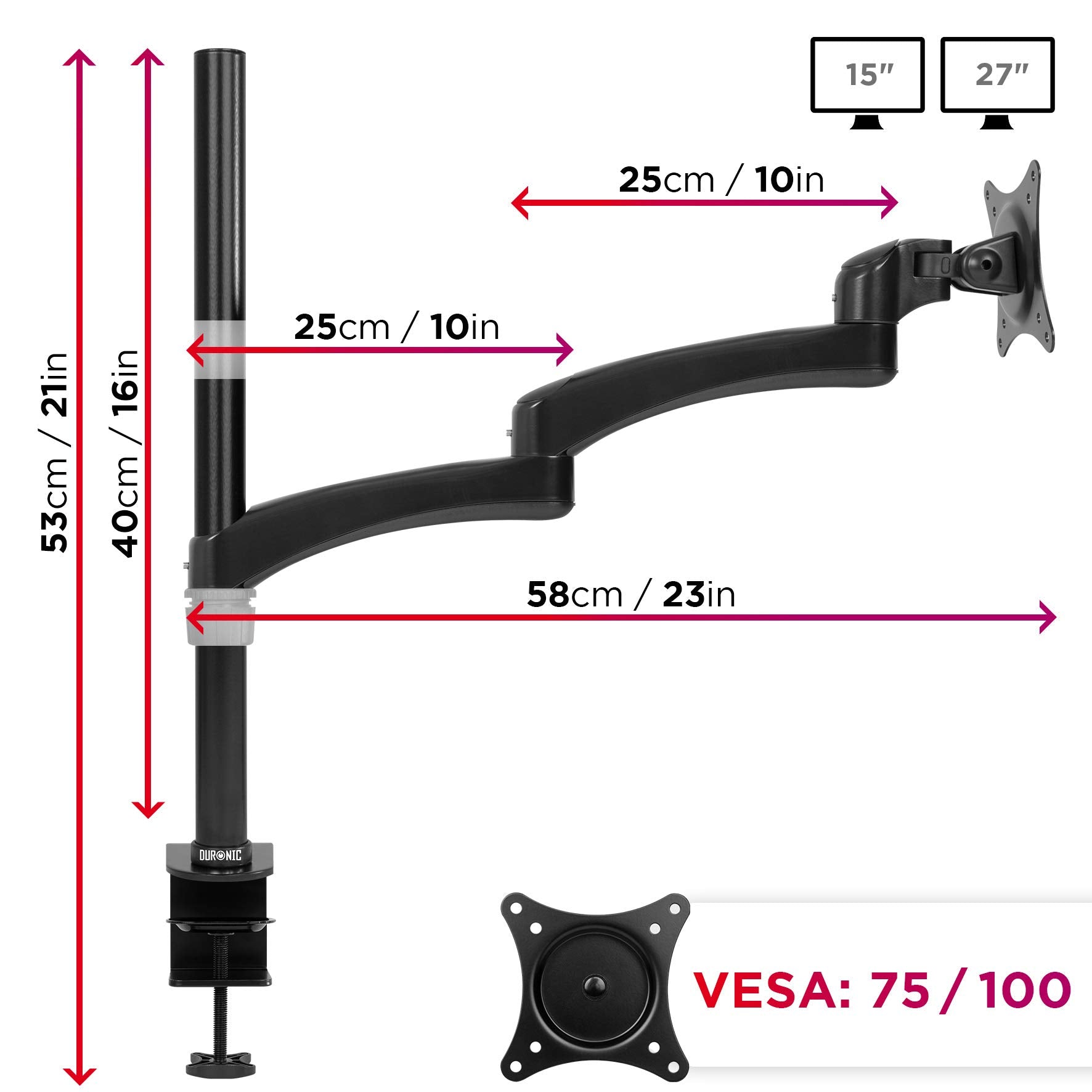 Zoomgoods Monitor Arm Stand DM451X3 | Single PC Desk Mount | Aluminium | Height Adjustable | For One 13-27 LED LCD Screen | VESA 75/100 | 13kg Per Screen | Tilt -90°/+45°, Rotate 360°