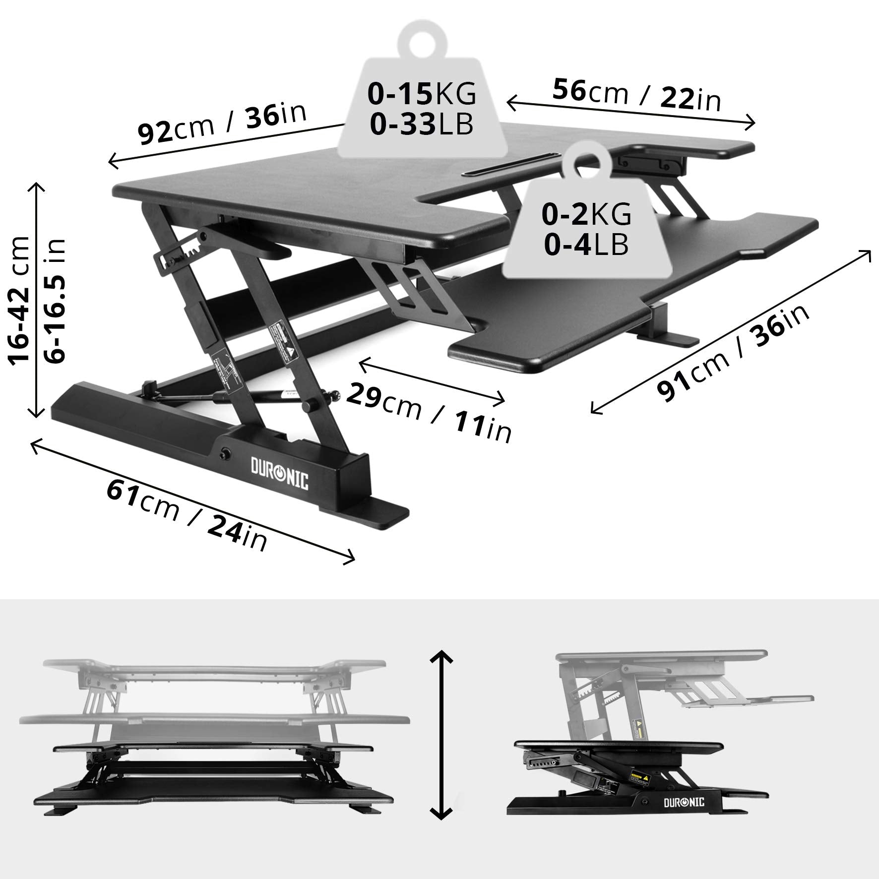 Zoomgoods Sit-Stand Desk DM05D1 [BLACK] | Height Adjustable Office Workstation | 92x56cm Platform | Raises 16.5-41.5cm | PC Computer Screen, Keyboard, Laptop Riser | Ergonomic Desktop Table Converter