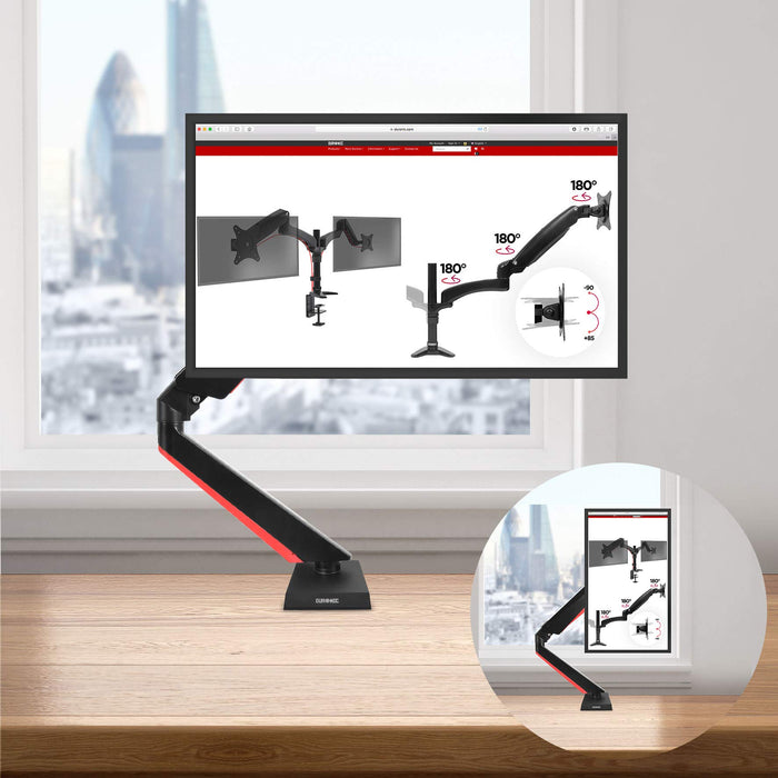 Zoomgoods Monitor Arm Stand DMGM5X1 | Single PC Desk Mount with Red LED Lights | Height Adjustable | For One 15-32 Inch Screen | VESA 75/100 | 8kg Capacity | Tilt +90°/-85°, Swivel 360°,Rotate 360°