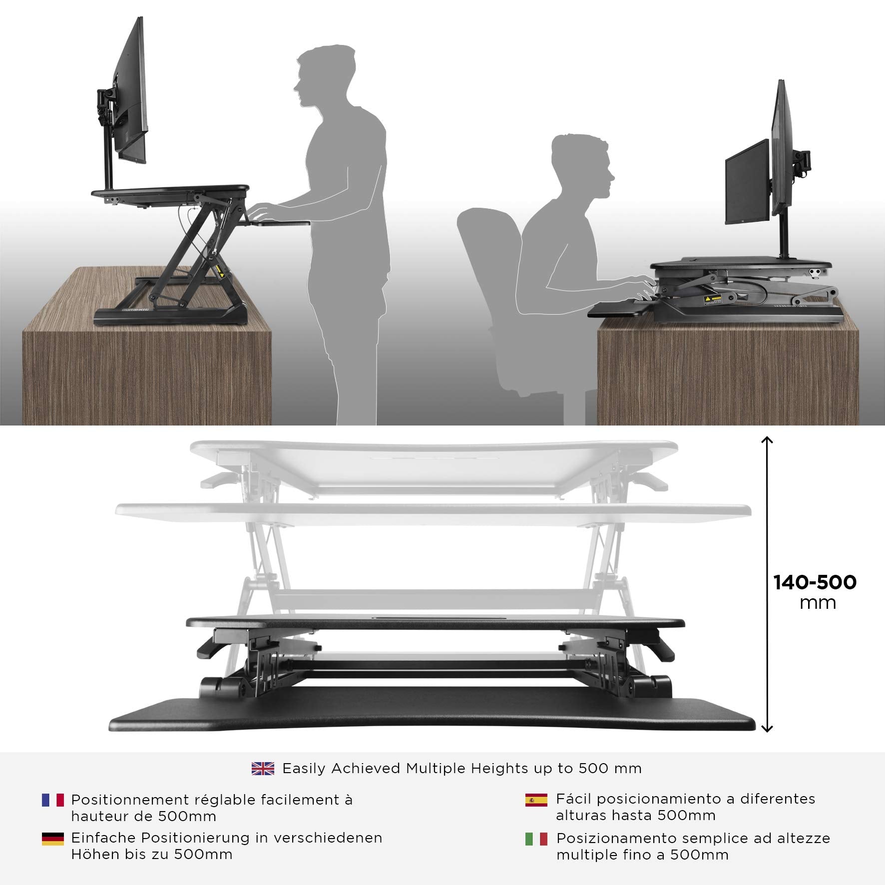 Zoomgoods Sit-Stand Desk DM05D2 | Height Adjustable Office Workstation | 90x59cm Platform | Raises from 14-50cm | Riser for PC Computer Screen, Keyboard, Laptop | Ergonomic Desktop Table Converter