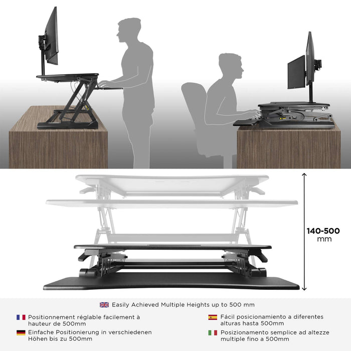 Zoomgoods Sit-Stand Desk DM05D2 | Height Adjustable Office Workstation | 90x59cm Platform | Raises from 14-50cm | Riser for PC Computer Screen, Keyboard, Laptop | Ergonomic Desktop Table Converter