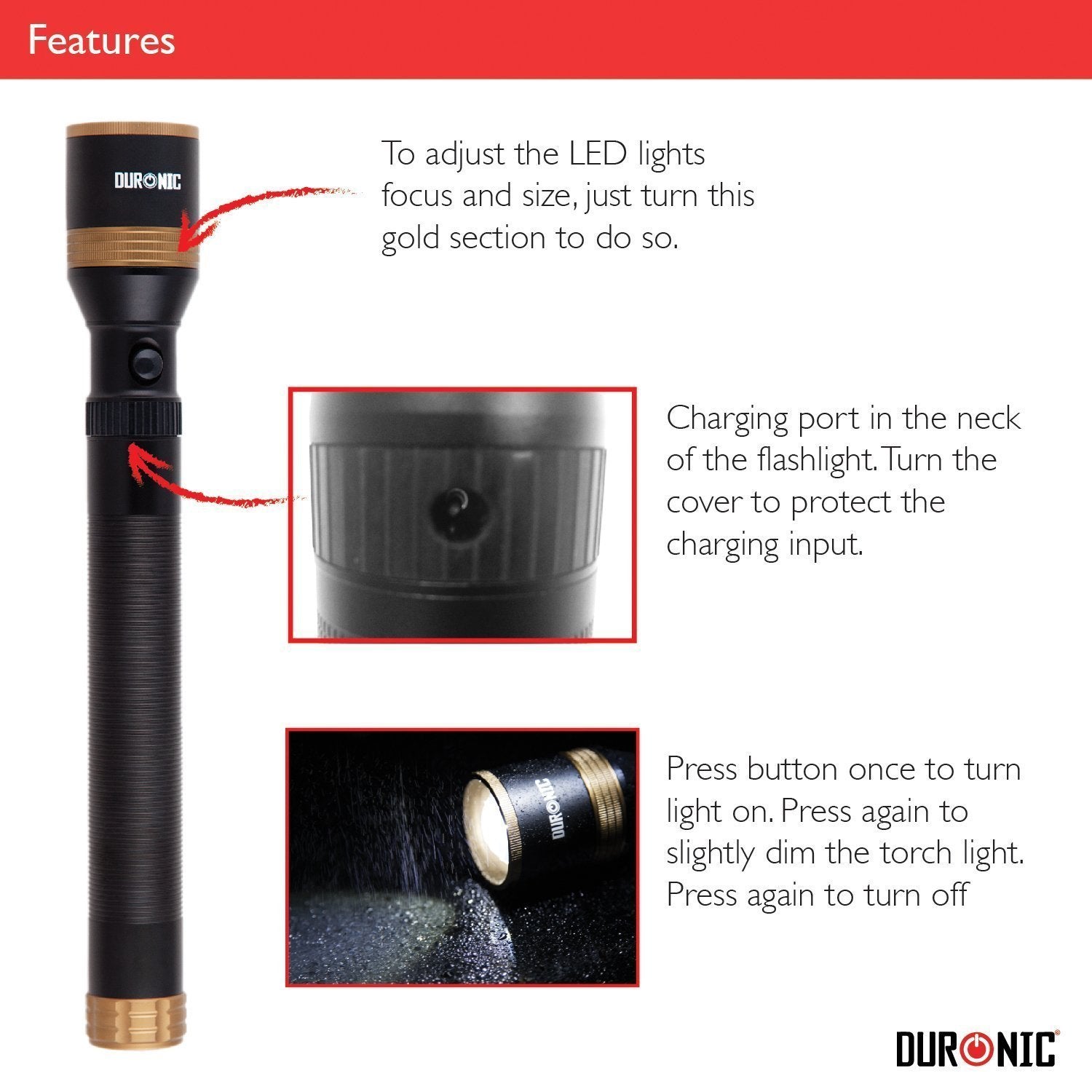 Zoomgoods Rechargeable Torch Flashlight LED Super Bright Light Powerful RFL901AA 600 Metres - 2200mAh battery - Adjustable beam with Mains Charger