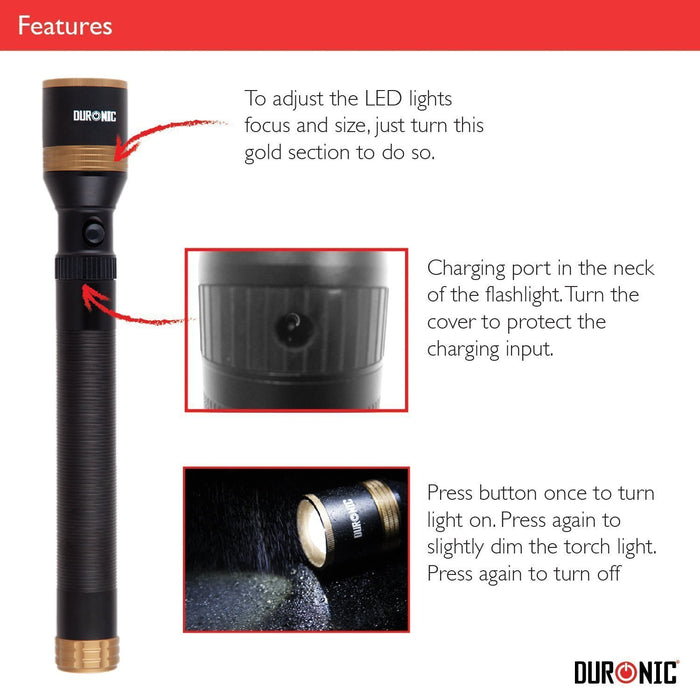 Zoomgoods Rechargeable Torch Flashlight LED Super Bright Light Powerful RFL901AA 600 Metres - 2200mAh battery - Adjustable beam with Mains Charger