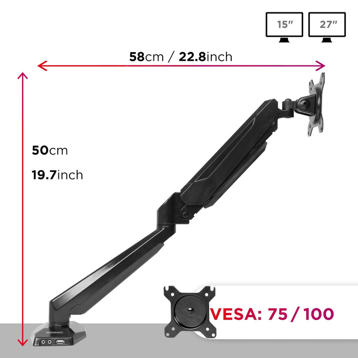 Zoomgoods Monitor Arm Stand DMUSB5X1 | Single PC Desk Mount | Headphone, USB, Microphone Extension Sockets | 13-27” LED LCD Screen | VESA 75/100 | Full Motion (Tilt -90°/+85°, Swivel 180°, Rotate 360°)