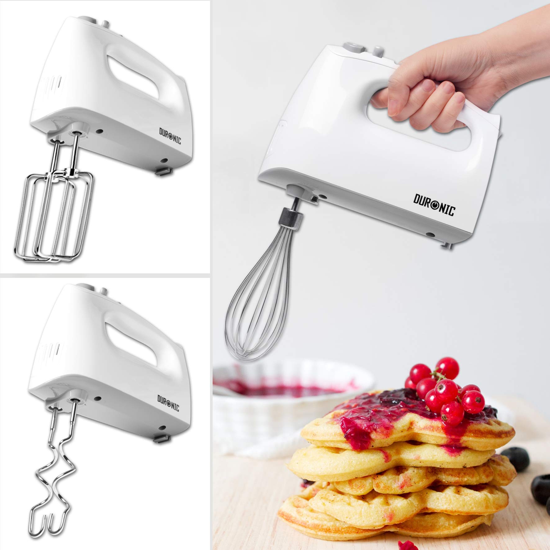 Zoomgoods Hand Mixer Electric Whisk HM4 WE Kitchen Handheld Hand Held Food Mixers for Baking, Dough, Bread, Eggs, Cake Mix, Cream, Brownie Maker Mixer with Whisker Hooks Beater Storage Case 400W - White