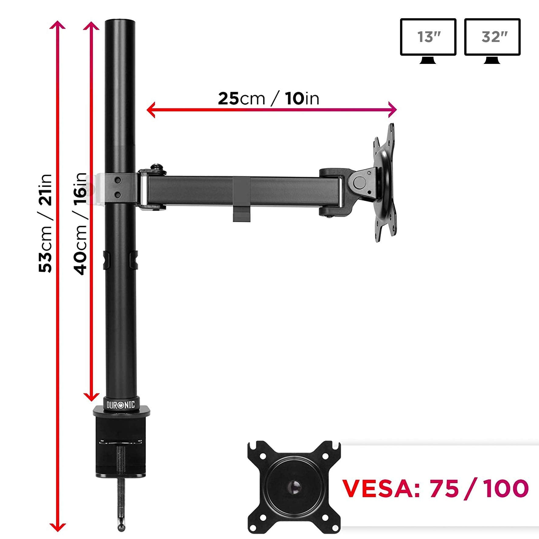 Zoomgoods Single Monitor Arm DM151X2 Height Adjustable Monitor Stand Riser Clamp for 13”-32” PC screens Monitor Desk Mounts with VESA 75/100 Monitor Mount with 8kg capacity Monitor Stand for Desk Gaming