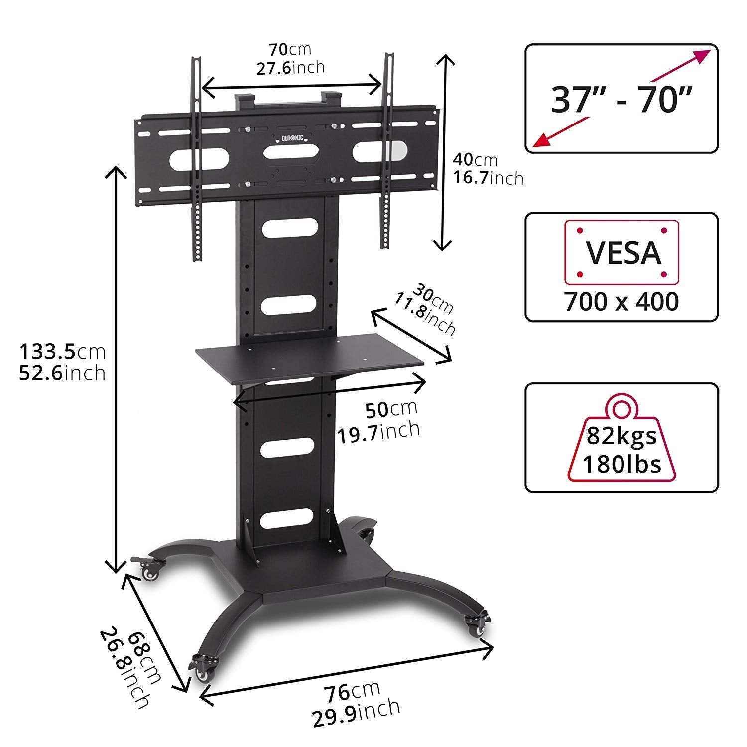 Zoomgoods TV Mount Stand Bracket TVS4T1 | Floor Standing for 37-70 Inch Flat Screen | With Tilt and Swivel | VESA Up to 700x400 | Strong Heavy Duty | Max. 82kg Capacity | Shelf | On Wheels