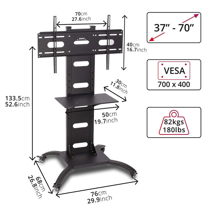 Zoomgoods TV Mount Stand Bracket TVS4T1 | Floor Standing for 37-70 Inch Flat Screen | With Tilt and Swivel | VESA Up to 700x400 | Strong Heavy Duty | Max. 82kg Capacity | Shelf | On Wheels