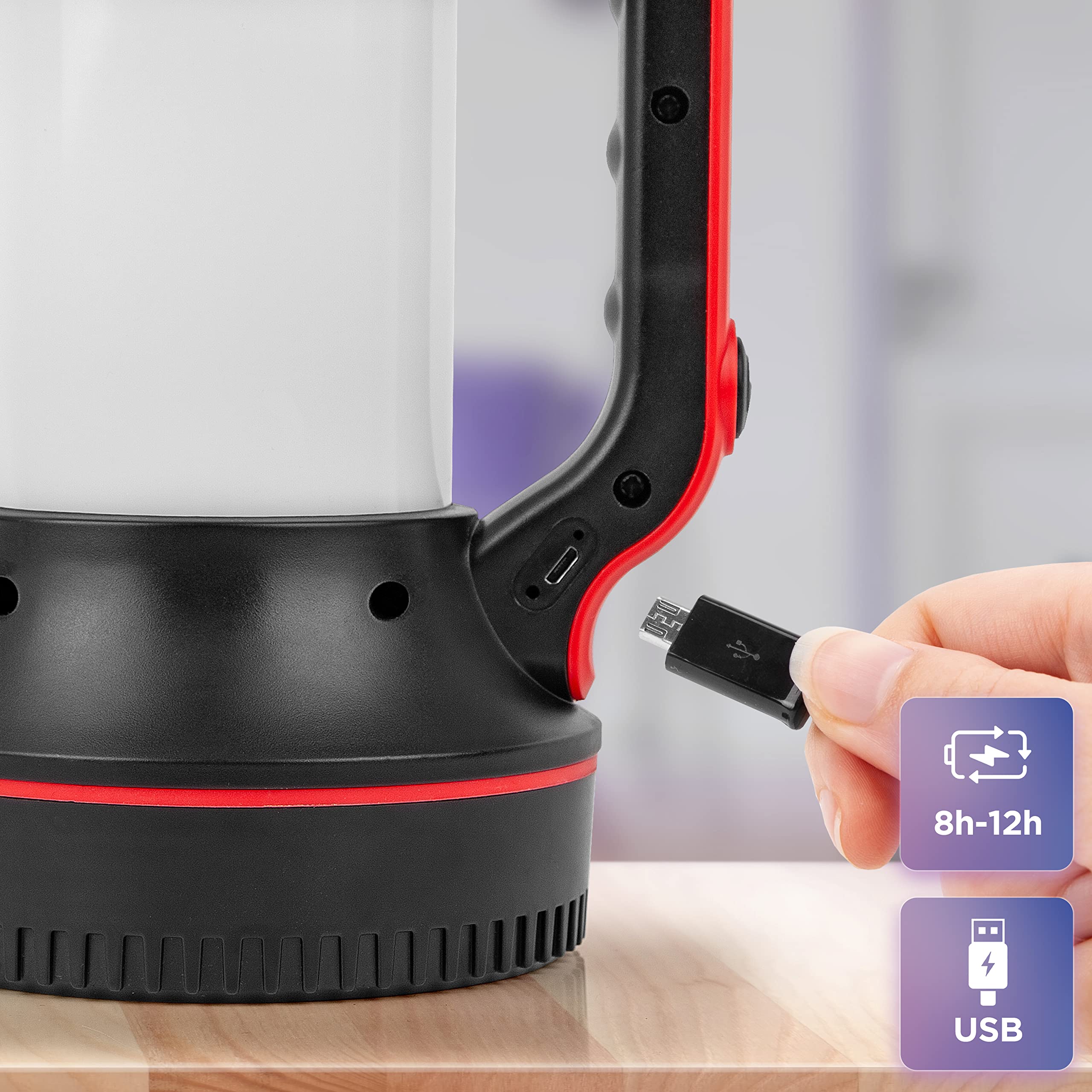 Zoomgoods Camping Lantern LED Torch RL74, Hiking SOS Electric Flashing Rechargeable Flashlight, USB Charging, Emergency Light, Handheld or Freestanding Red & Black