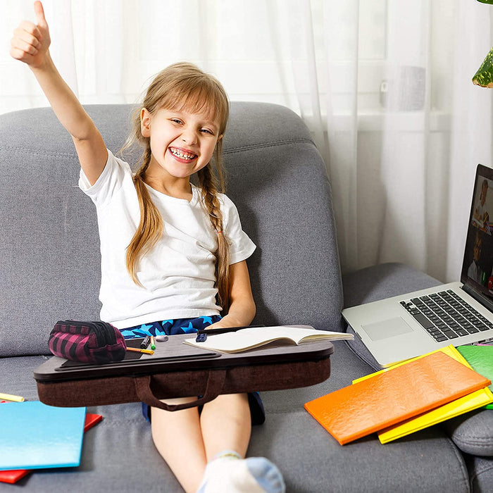 Zoomgoods Laptop Tray with Cushion DML422 BROWN, Ergonomic Lap Desk for Bed, Sofa, Car, Built-in Tablet Holder & Mouse Pad, Foam Cushion Support, Portable Design with Carry Handle, For Home/Office