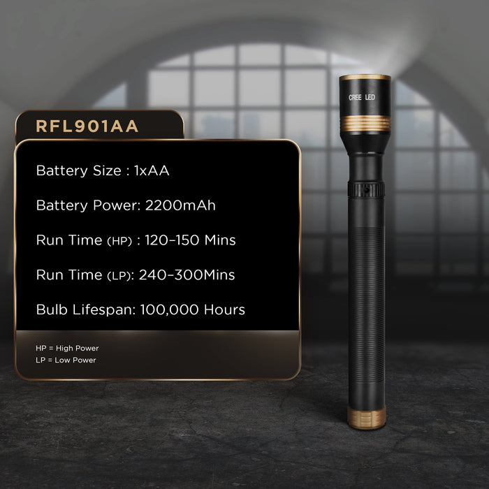 Zoomgoods Rechargeable Torch Flashlight LED Super Bright Light Powerful RFL901AA 600 Metres - 2200mAh battery - Adjustable beam with Mains Charger