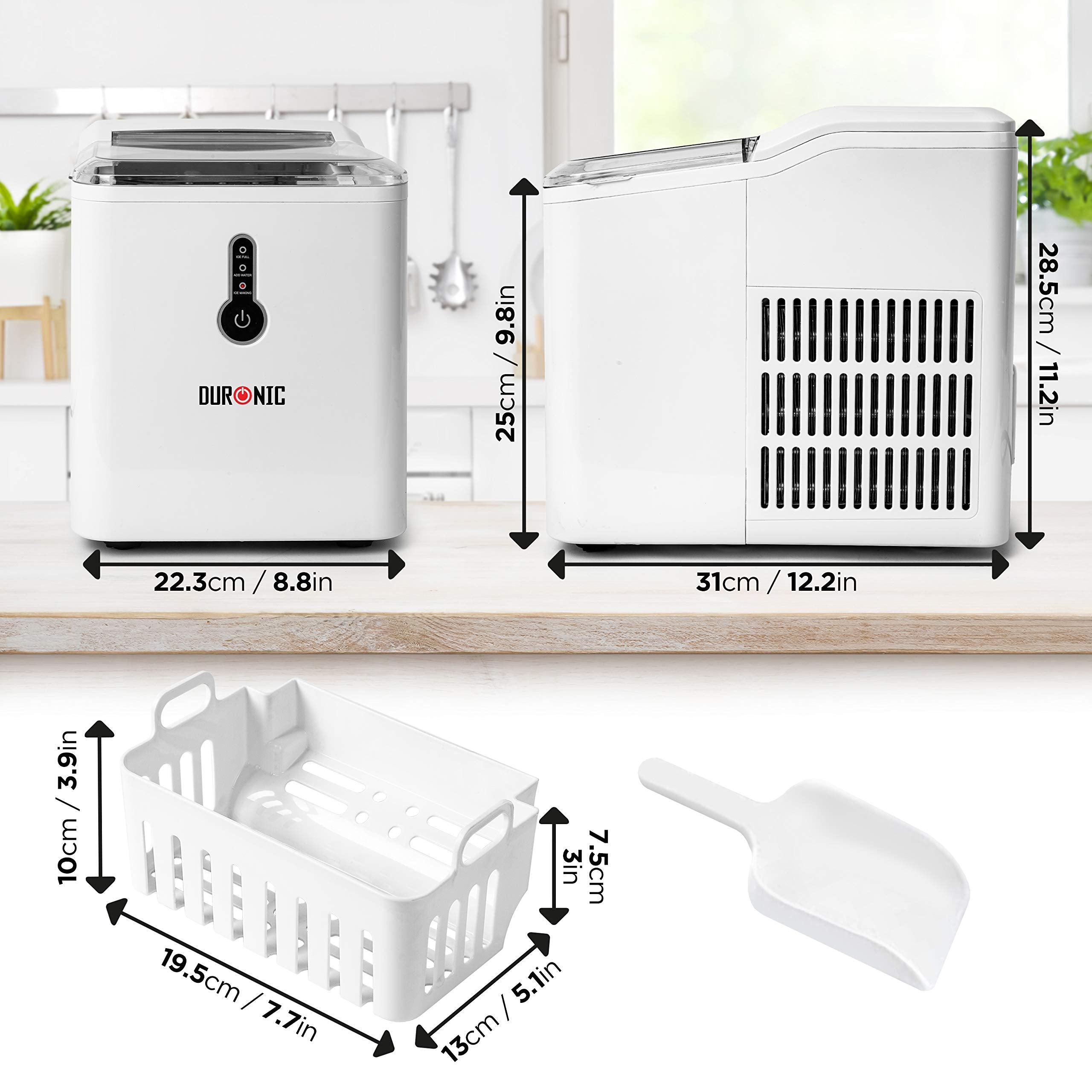 Zoomgoods Ice Maker ICM120, Fast Clear Ice Maker Machine with 7-Min Cycle, Portable Automatic Ice Cube Maker with Ice Scoop & Basket for Home, Office, Bar, BBQ Party, RV 12KG in 24H Self-Cleaning - White