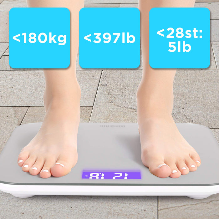 Zoomgoods Digital Bathroom Body Scales BS603 | Measures Body Weight in Kilograms, Pounds and Stones | Silver Glass Design with Purple Backlight | Step-On Activation | Precision Sensors | 180kg Capacity